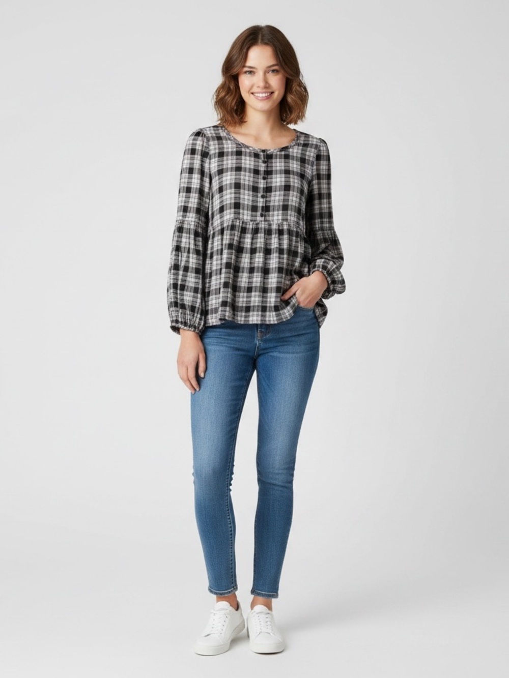 Max Studio Plaid Boho Long Sleeve Blouse Top Sz M